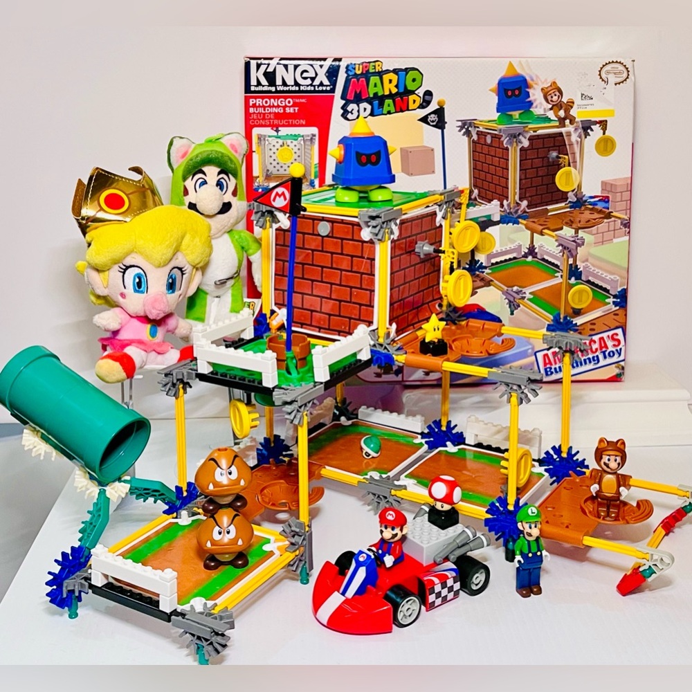 K'NEX Mario 3D Land Prongo Building Set+9 K'NEX Figures+Mario Kart+2 Plush